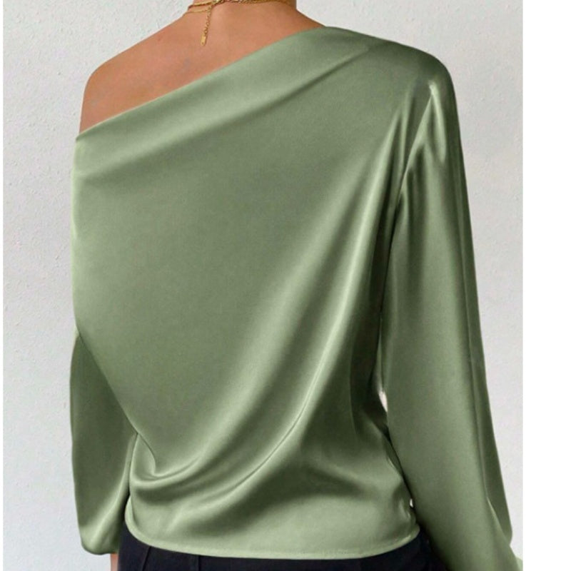 Women's Shoulder Long-sleeved T-shirt Asymmetric Pullover Top Yellow Green