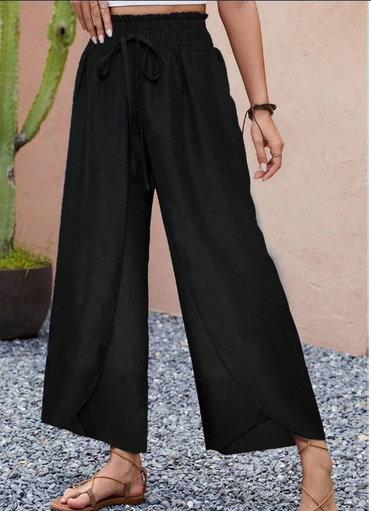 Stylish Shirred Waist Wide Leg Pants - Comfortable Vacation Style Layered Pants For Spring & Summer Black