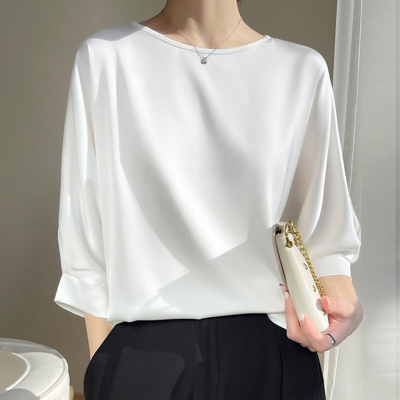 Women's Round Neck Mulberry Silk Loose Satin Cropped Ice Silk Short Sleeve T-shirt Top Milky White