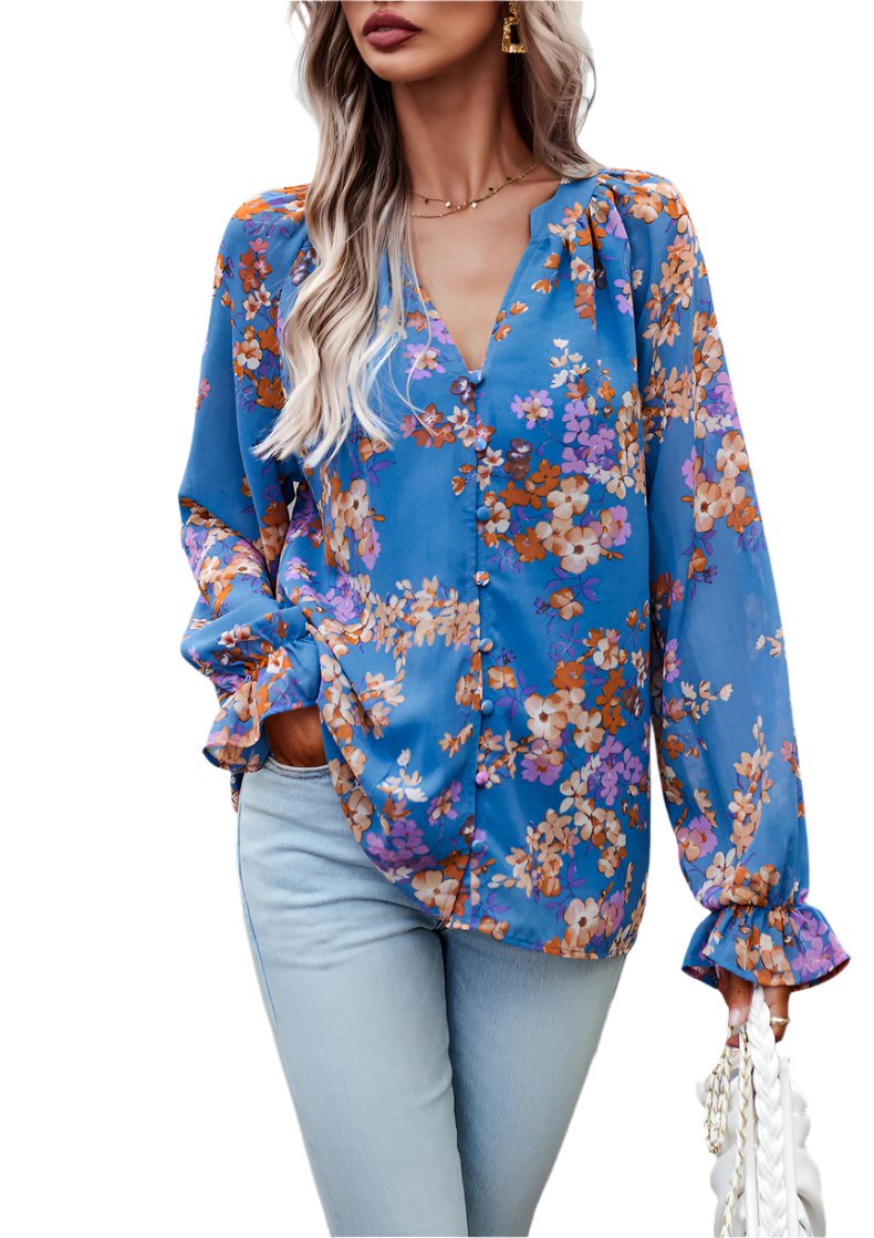 Women's Tops Casual Floral Print V Neck Long Sleeve Shirts Loose Chiffon Blouses Shirts Tops