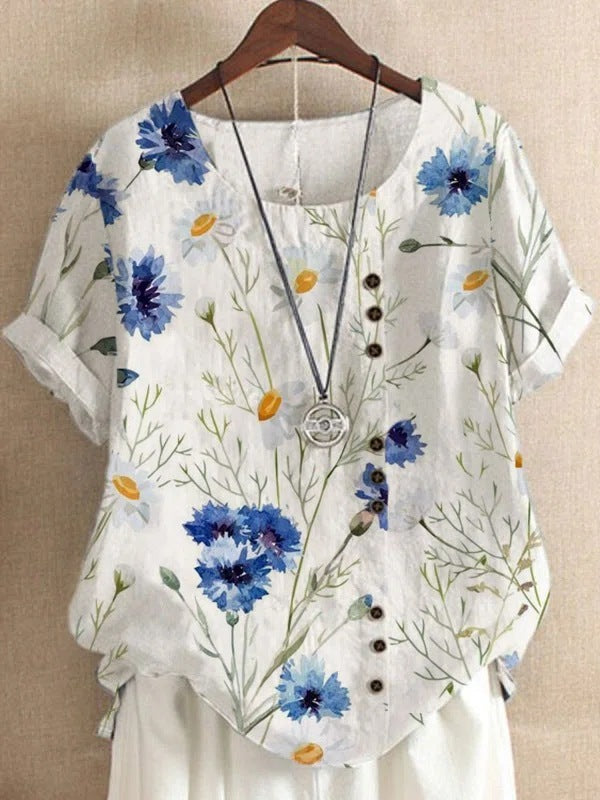 Retro Cotton And Linen Printed Loose Casual Shirt Short-sleeved T-shirt For Women Flower 3