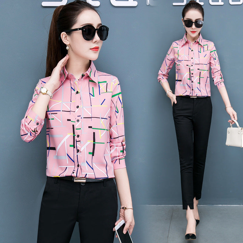 Printed shirt women long-sleeved chiffon shirt top women Pink