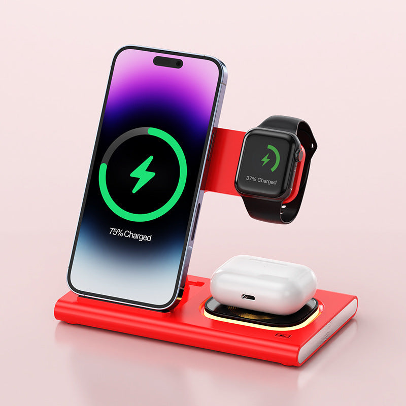 3 IN 1 15W Wireless Charging Charger Magnetic Desktop Night Light/watch Fast Charging Stand Red