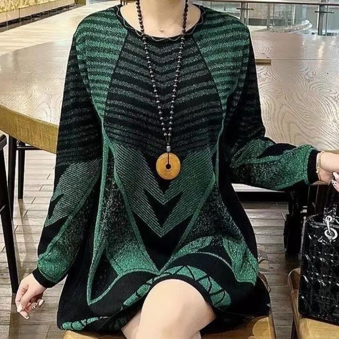 New Mid-length Round Neck Autumn And Winter Geometric Sweater BlackGray Polyester