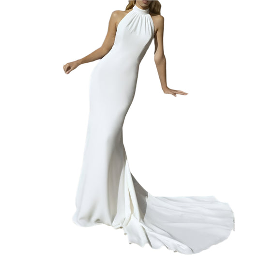 Round Neck Halter Gown Slim Halter Dress White