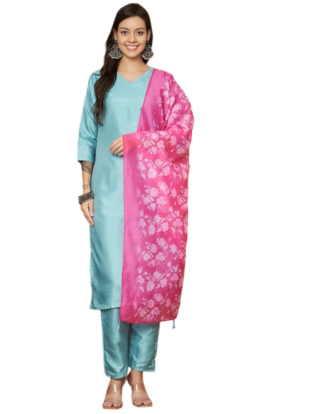 Women Straight Kurta with Floral Print Dupatta Light Blue Silk