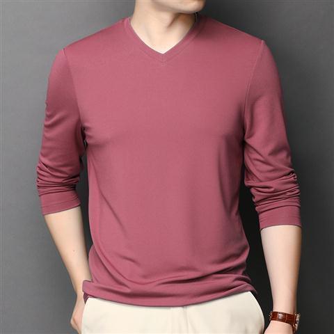 Silk T-shirt Men's Ice Silk Long-sleeved Thin V-neck Silk Bottoming Shirt Rose gold Silk