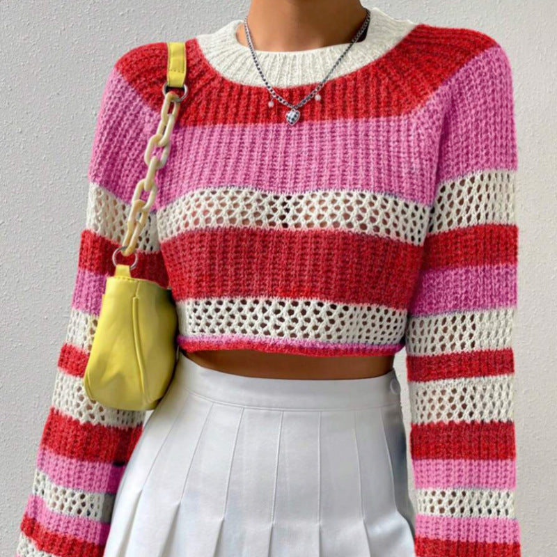 Contrast Color Striped All-matching Pullover Women's Sweater Rose Red Polyester