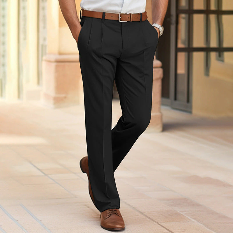 Men's Casual Suit Pants Fashion Trousers Mid Waist Straight Long Pants For Office Business Formal Black