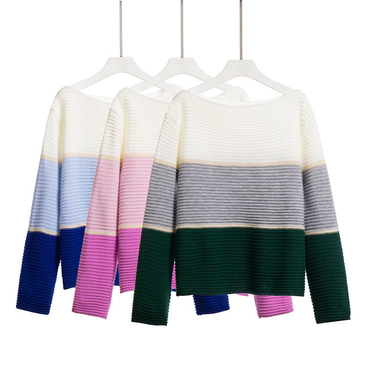 Contrast Color Large Striped Off-neck Knitted Sweater