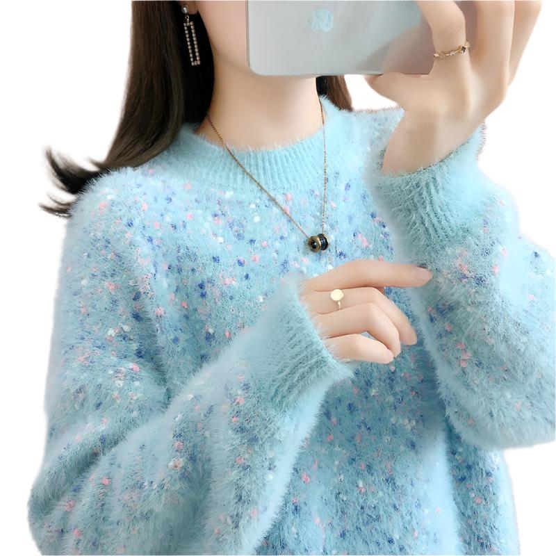 Artificial Mink Sweater Women's Autumn And Winter Sky Blue Polyester