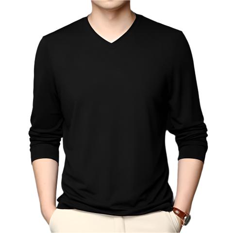 Silk T-shirt Men's Ice Silk Long-sleeved Thin V-neck Silk Bottoming Shirt Black Silk