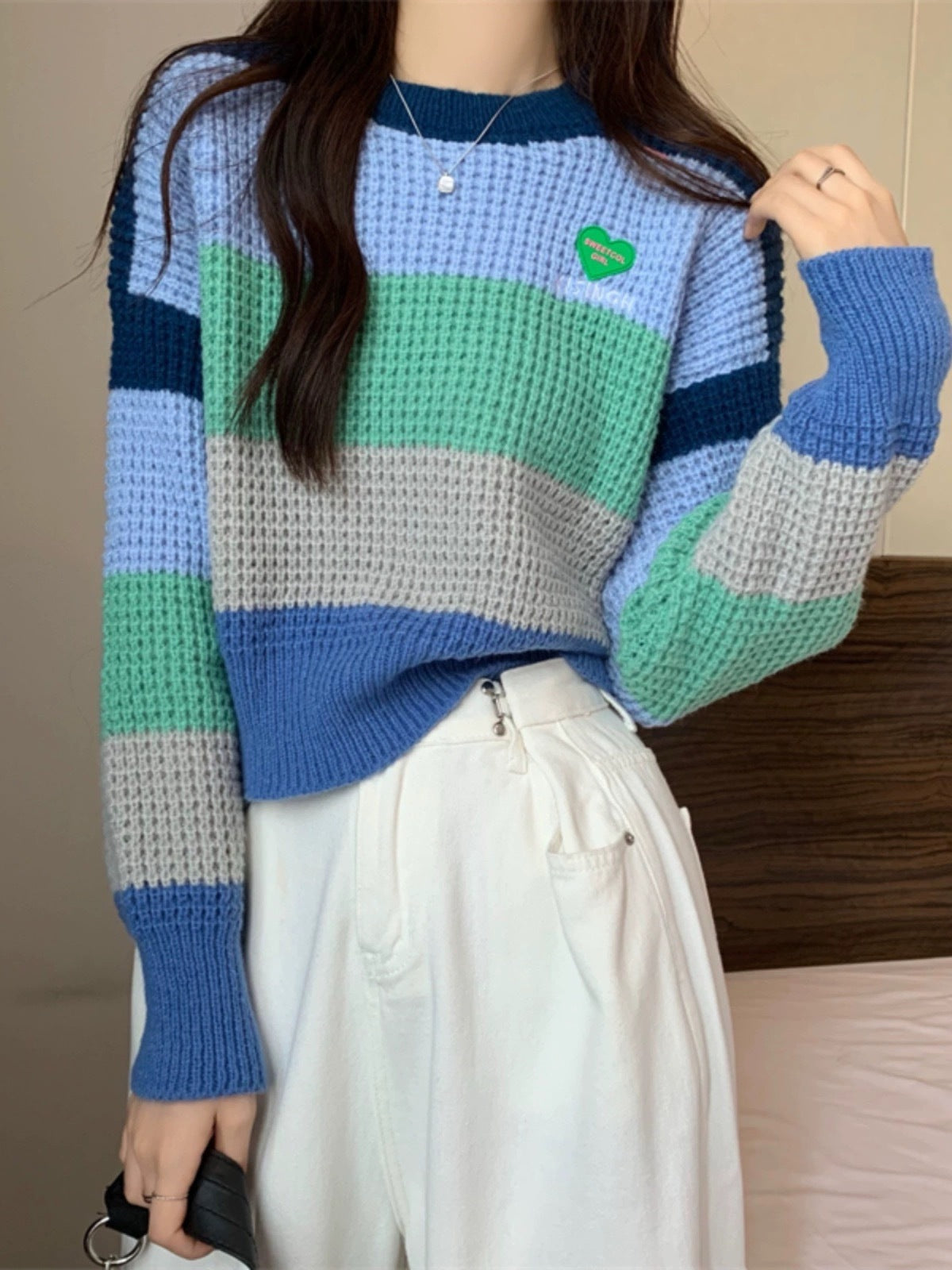 Loose Color Matching Knitwear Pullover Stripe Rainbow Sweater For Women