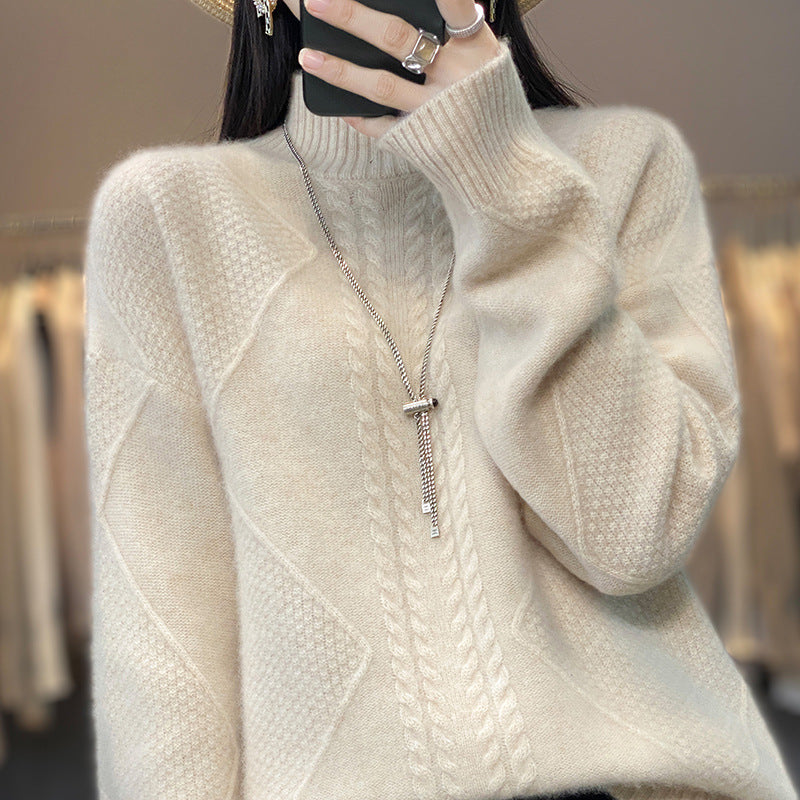 Autumn And Winter New Thickened Half-high Collar Knitted Soft Glutinous Loose Pullover Women Beige Free Size