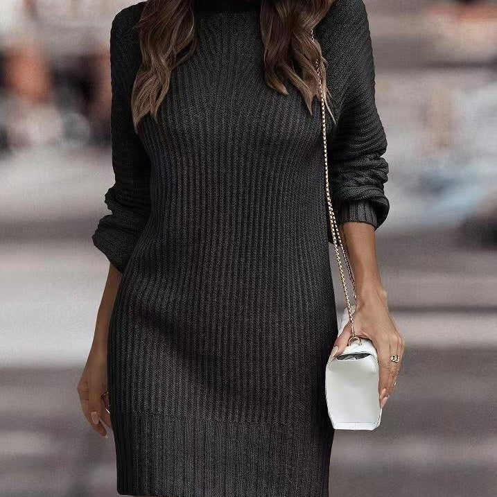 Turtleneck Sweater Women's Long Sleeve Knitwear Dress Women's Clothing Black Acrylic Fiber