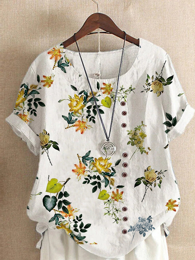 Retro Cotton And Linen Printed Loose Casual Shirt Short-sleeved T-shirt For Women Yellow Flower 8