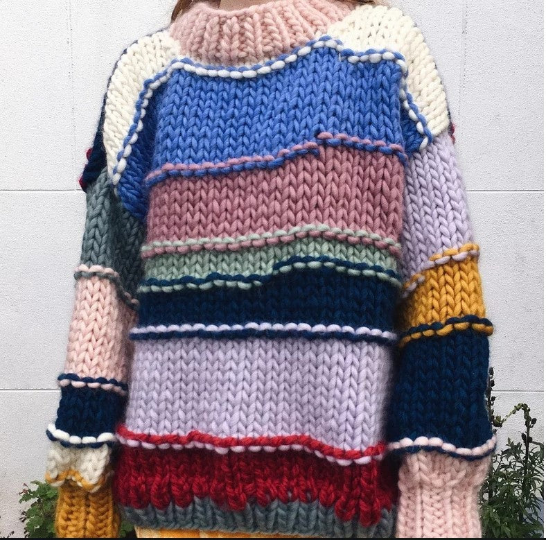 Hand-woven Rainbow Striped Contrast Color Sweater Coat Picture Color Average Size