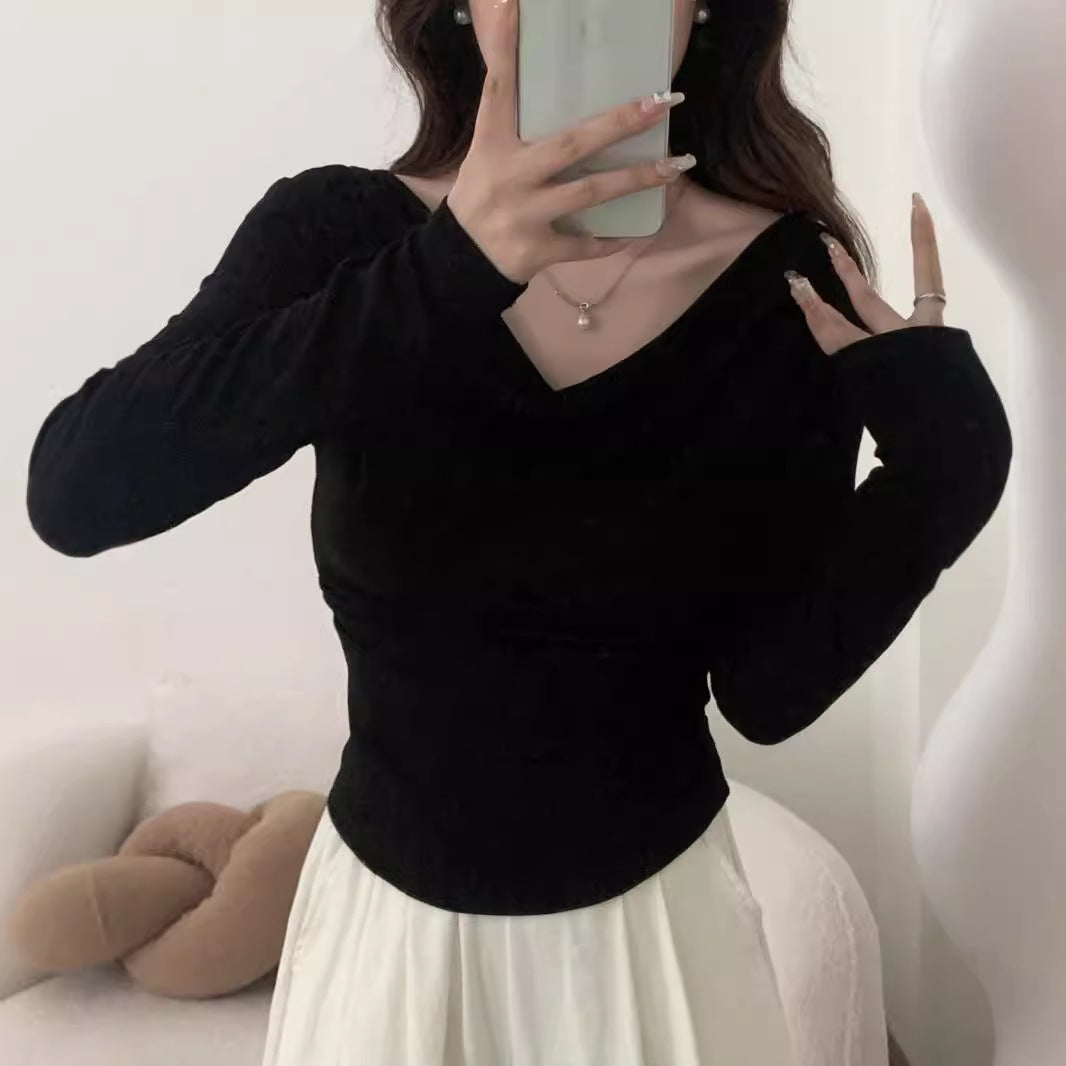 One-shoulder Cold-shoulder Long-sleeved T-shirt Women's Early Autumn Off-shoulder Top Black Polyster