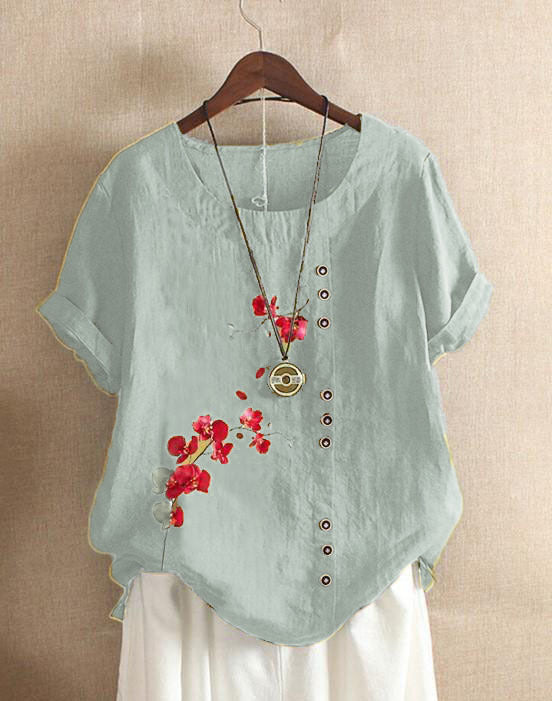 Retro Cotton And Linen Printed Loose Casual Shirt Short-sleeved T-shirt For Women Light Blue