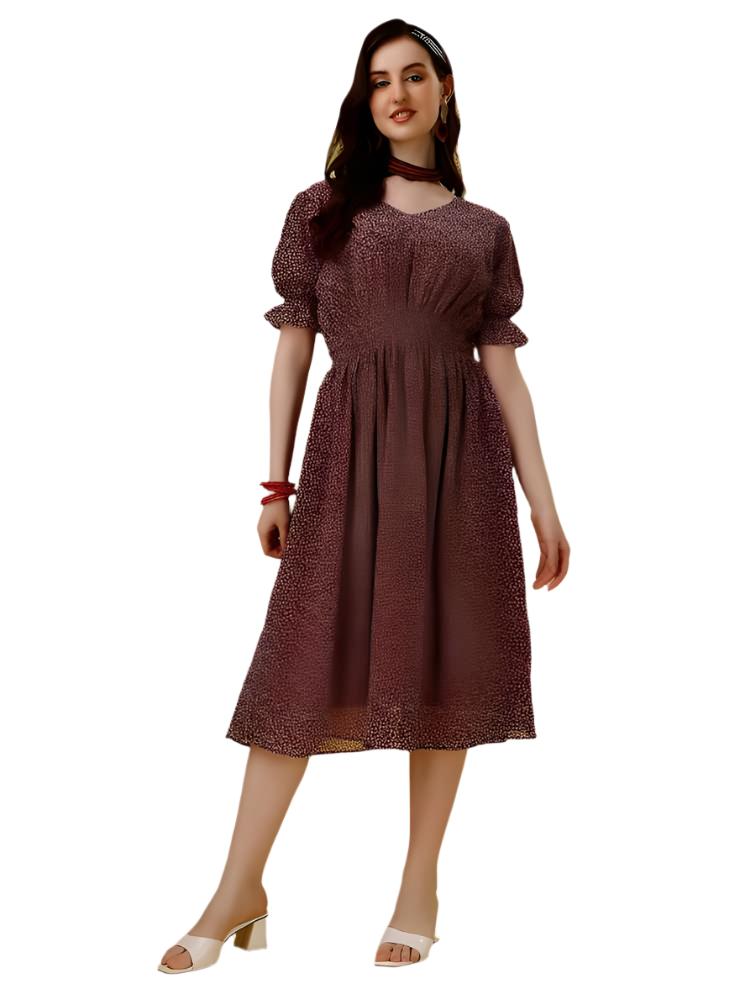 Plus Size Women's Georgette Printed Flared Midi Dress Maroon Georgette