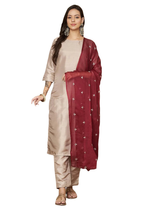 Women Solid Kurta Pant With Embroidered Dupatta Beige Silk Blend