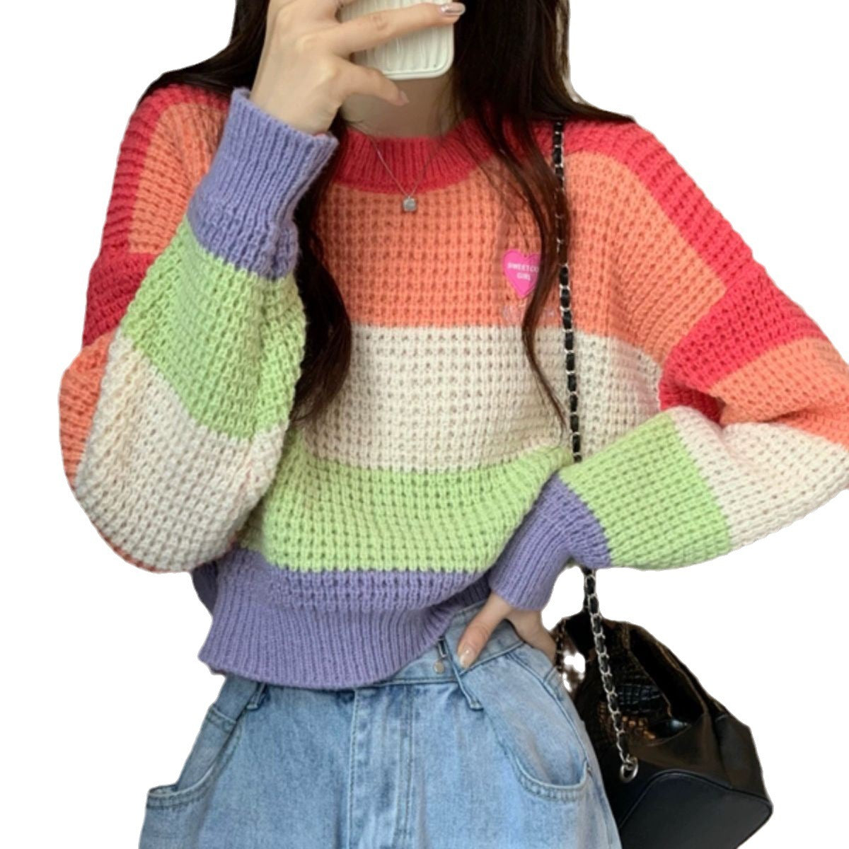 Loose Color Matching Knitwear Pullover Stripe Rainbow Sweater For Women Red Free Size Acrylic Fiber