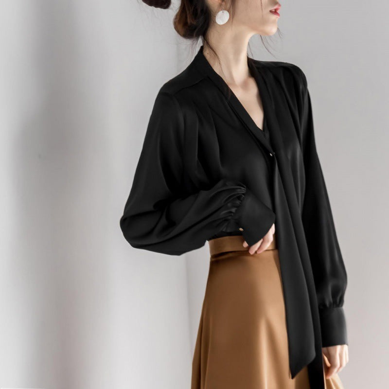 Satin Tie-neck Long Sleeve Shirt Simple All-match Tops Diamond Black