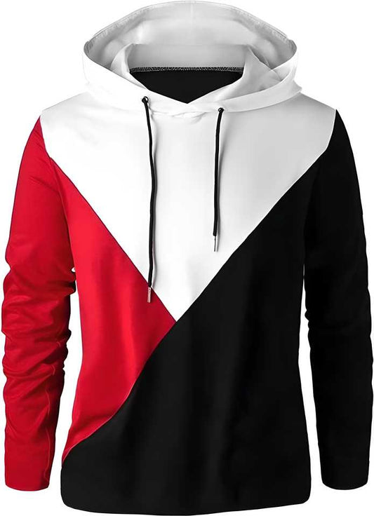 Cotton Blend Color Block Full Sleeves Hooded T-Shirt RedWhiteBlack Cotton blend