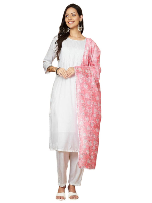 Women Embroidered Straight Kurta Pant With Dupatta Set White Rayon