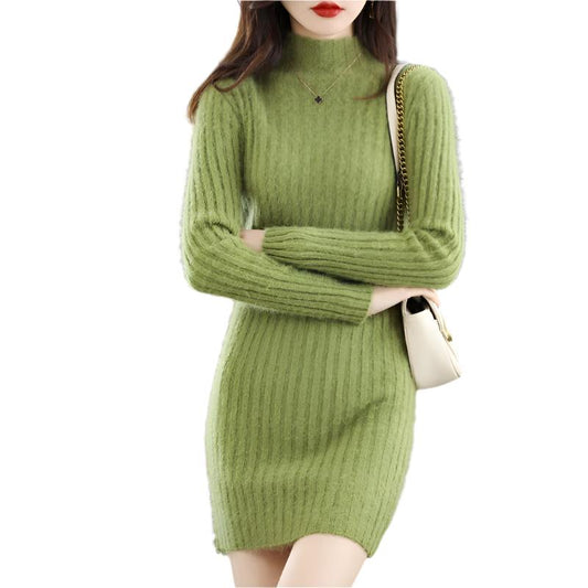 Autumn And Winter Artificial Mink Cashmere Sweater Women's Half Turtleneck Slim Fit Slimming Avacado Green Free Size Polyester