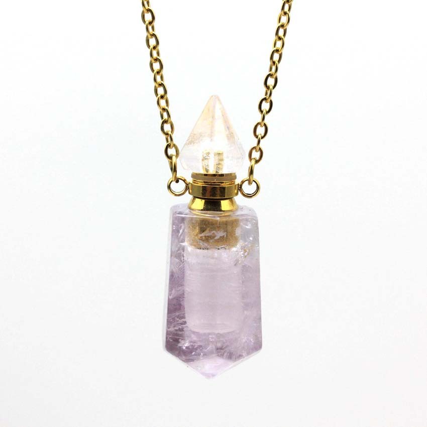 Natural Crystal Perfume Bottle Spiked Hexagon Necklace Amethyst