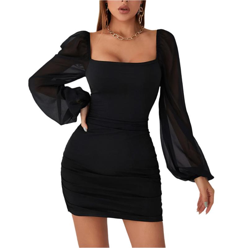 Mesh Stitching Ruffle Slim Fit Dress Women