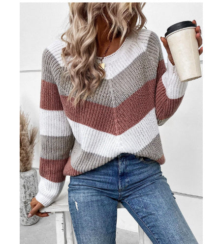 Striped Crew Neck Casual Sweater For Women Brown Polyester