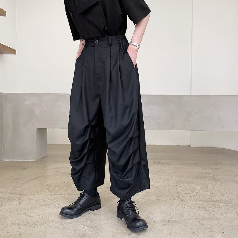 High Street Trendy Dark Yamamoto Pleated Cropped Stage Wear Casual Niche Pants Black