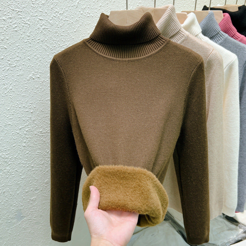 Fleece-lined Thickened Autumn And Winter Turtleneck Sweater Slim Fit Warm Coffee Free Size Viscose