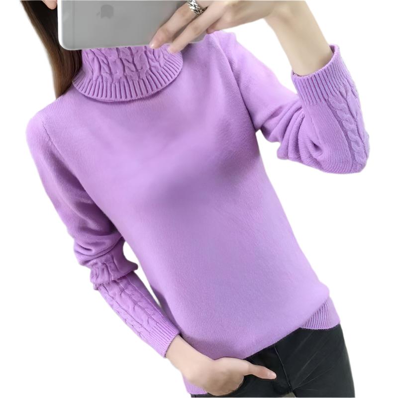 Turtleneck Cable-knit Pullover Thickened Slim Fit Slimming Sweater Purple Polyester