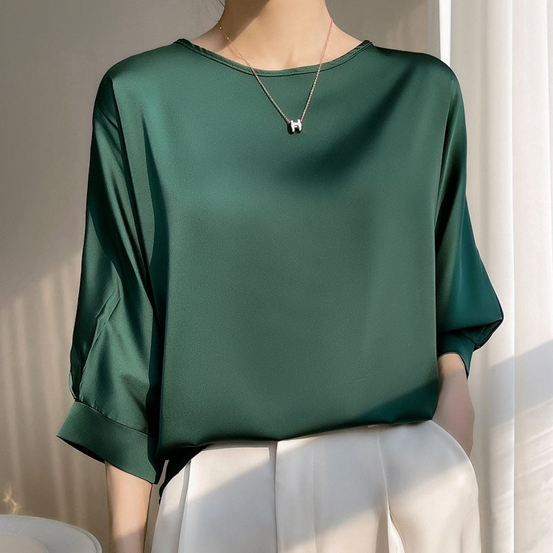 Women's Round Neck Mulberry Silk Loose Satin Cropped Ice Silk Short Sleeve T-shirt Top Dark Green