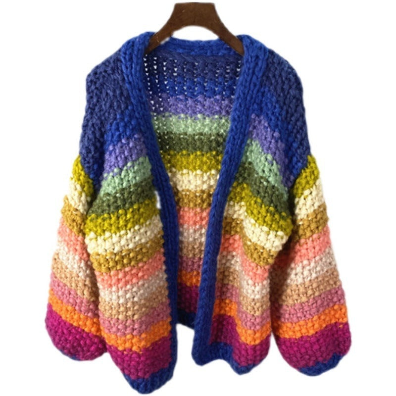 Handmade Rainbow Striped Contrast Color Thick Needle Sweater Coat Purple Free Size Polyester