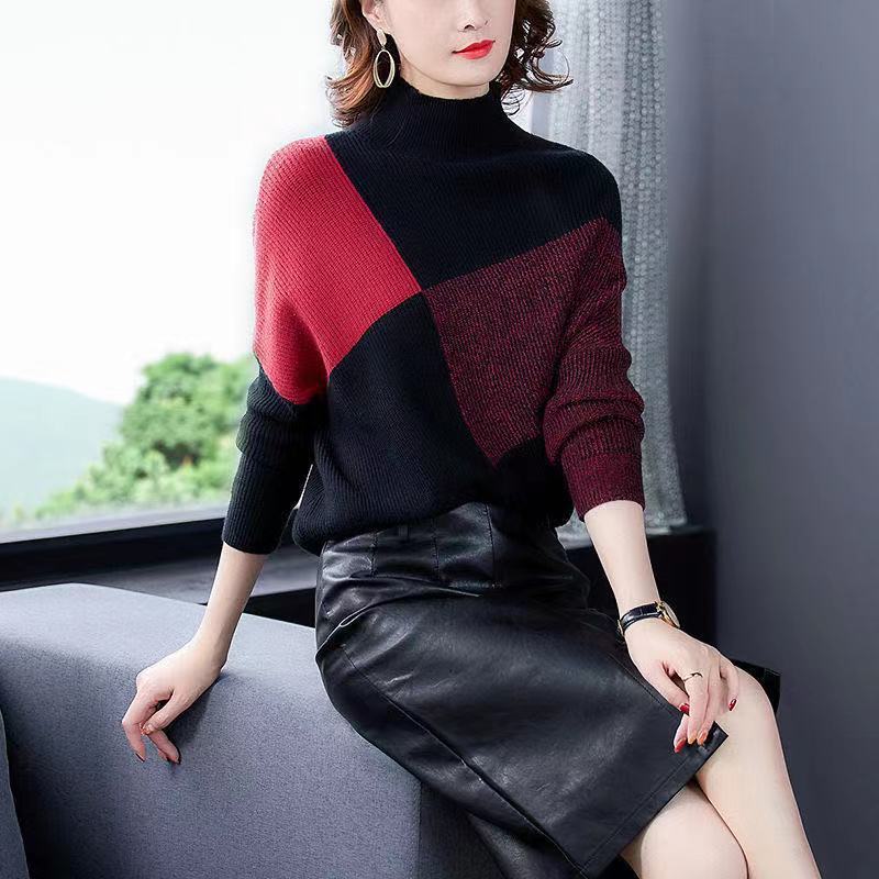 Women's Loose High Collar Color Matching Sweater Red