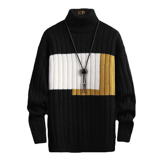 Square Color Stitching Thickened Turtleneck Men's Knitted Sweater Black Polyster