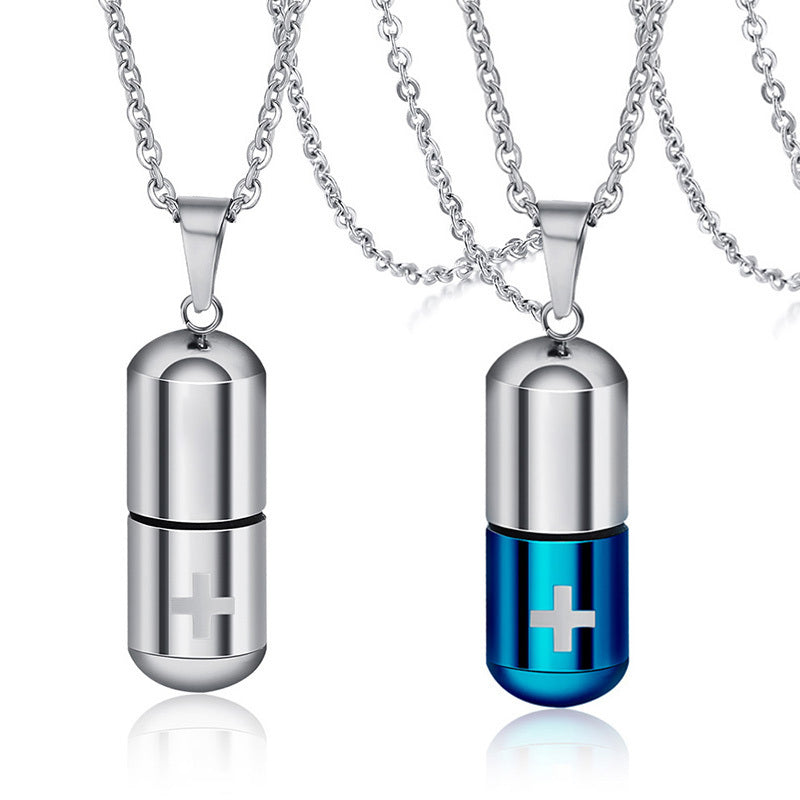 Stainless Steel Cylindrical Perfume Bottle Pendant Steel Steel Blue With Chain