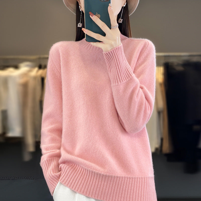 Women's Half Turtleneck Keep Warm Pure Color Cashmere Elegant Pink Wool