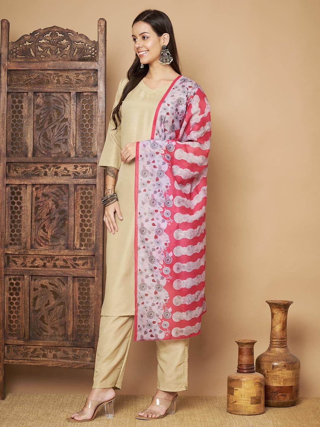 Women Solid Straight Kurta with Pants & Dupatta Set Khakhi Chanderi