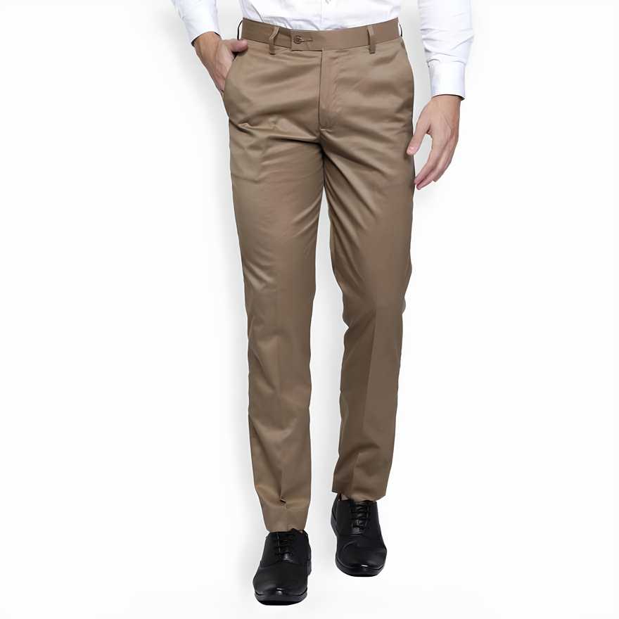 Lycra Beige Blend Solid Regular Fit Mens Formal Trousers Beige Lycra