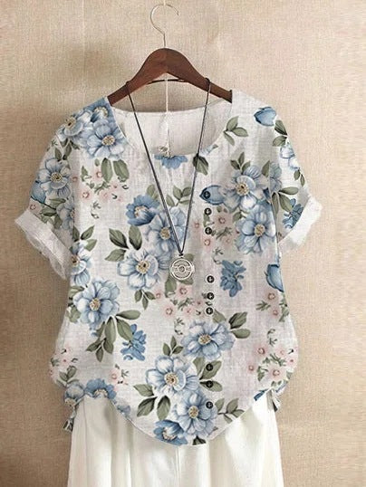 Retro Cotton And Linen Printed Loose Casual Shirt Short-sleeved T-shirt For Women Flower 2