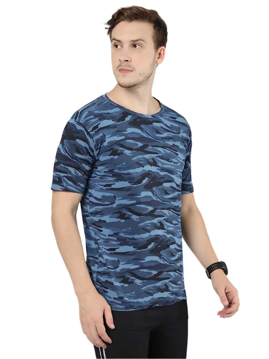 Cotton Printed Half Sleeves Mens Round Neck T-Shirt Navy Blue Cotton