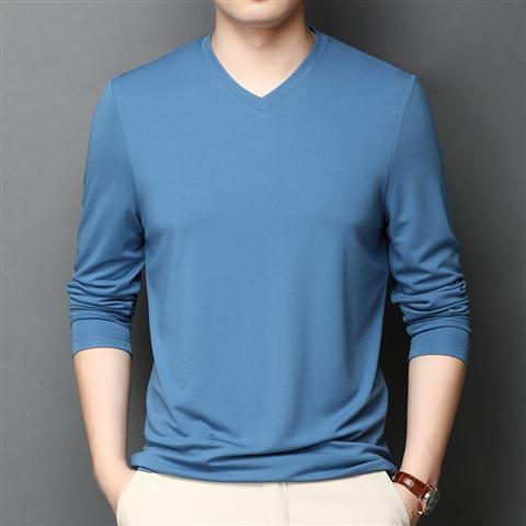 Silk T-shirt Men's Ice Silk Long-sleeved Thin V-neck Silk Bottoming Shirt Lake Blue Silk