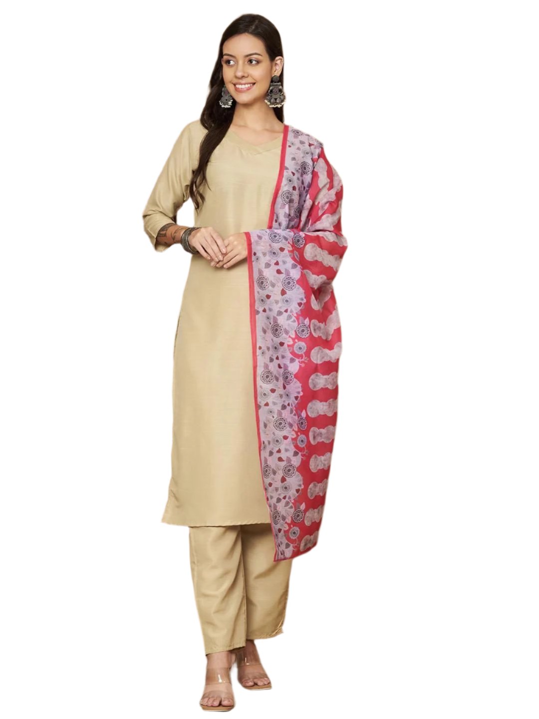 Women Solid Straight Kurta with Pants & Dupatta Set