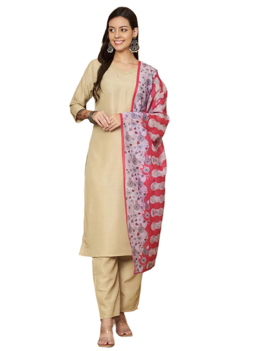 Women Solid Straight Kurta with Pants & Dupatta Set