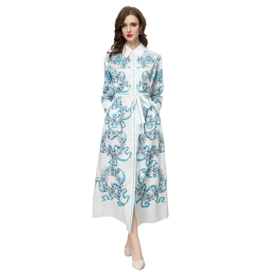 Long Sleeve Lapel Single Breasted Printed Dress White